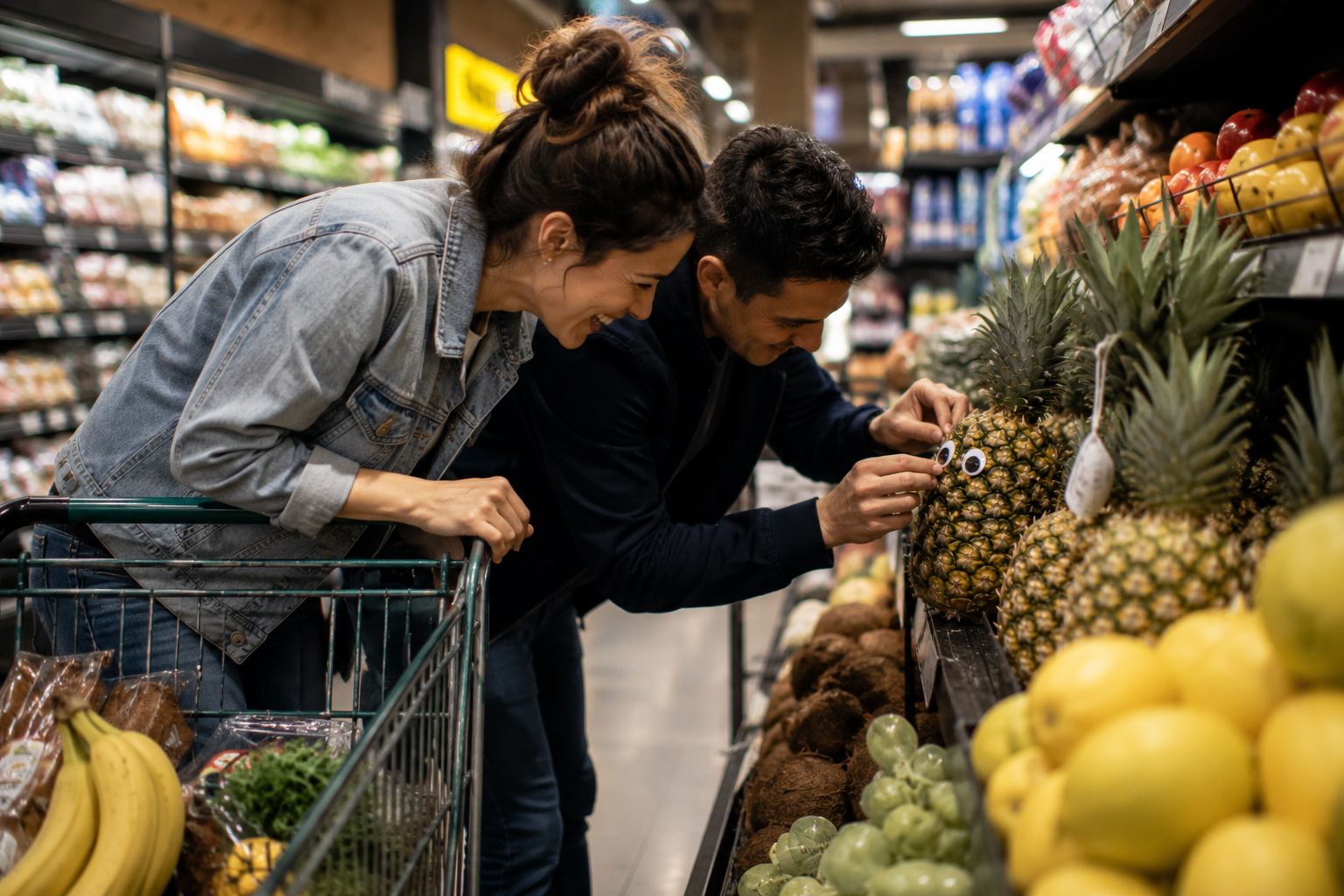 A playful couple shares a laugh while adding googly eyes to a pineapple in a grocery store produce section, illustrating how humour and lighthearted moments can strengthen connection in a relationship.