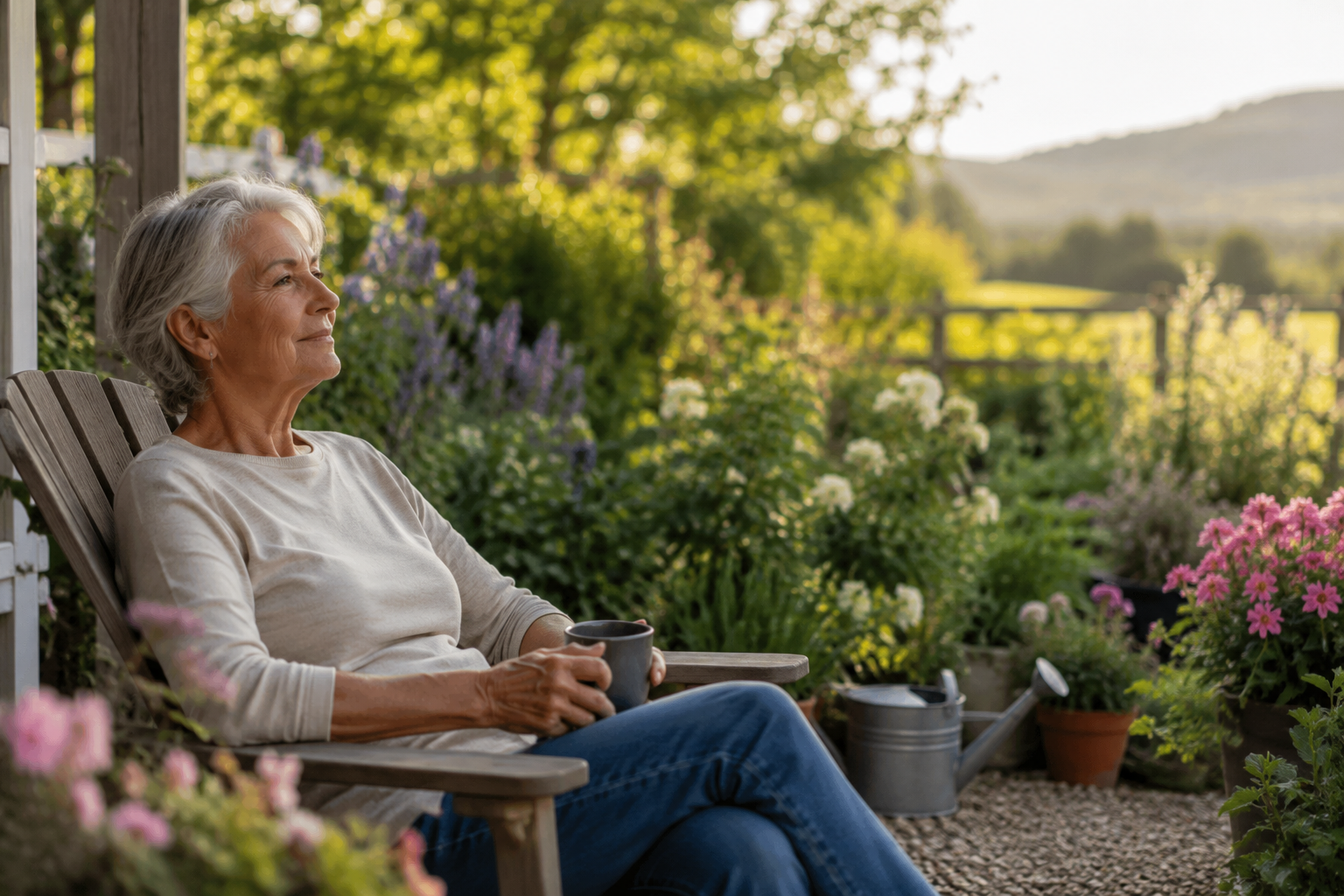 Older adult relaxing in a garden at sunset, representing aging, retirement, emotional wellbeing, life transitions, and mental health support for older adults in Ontario.