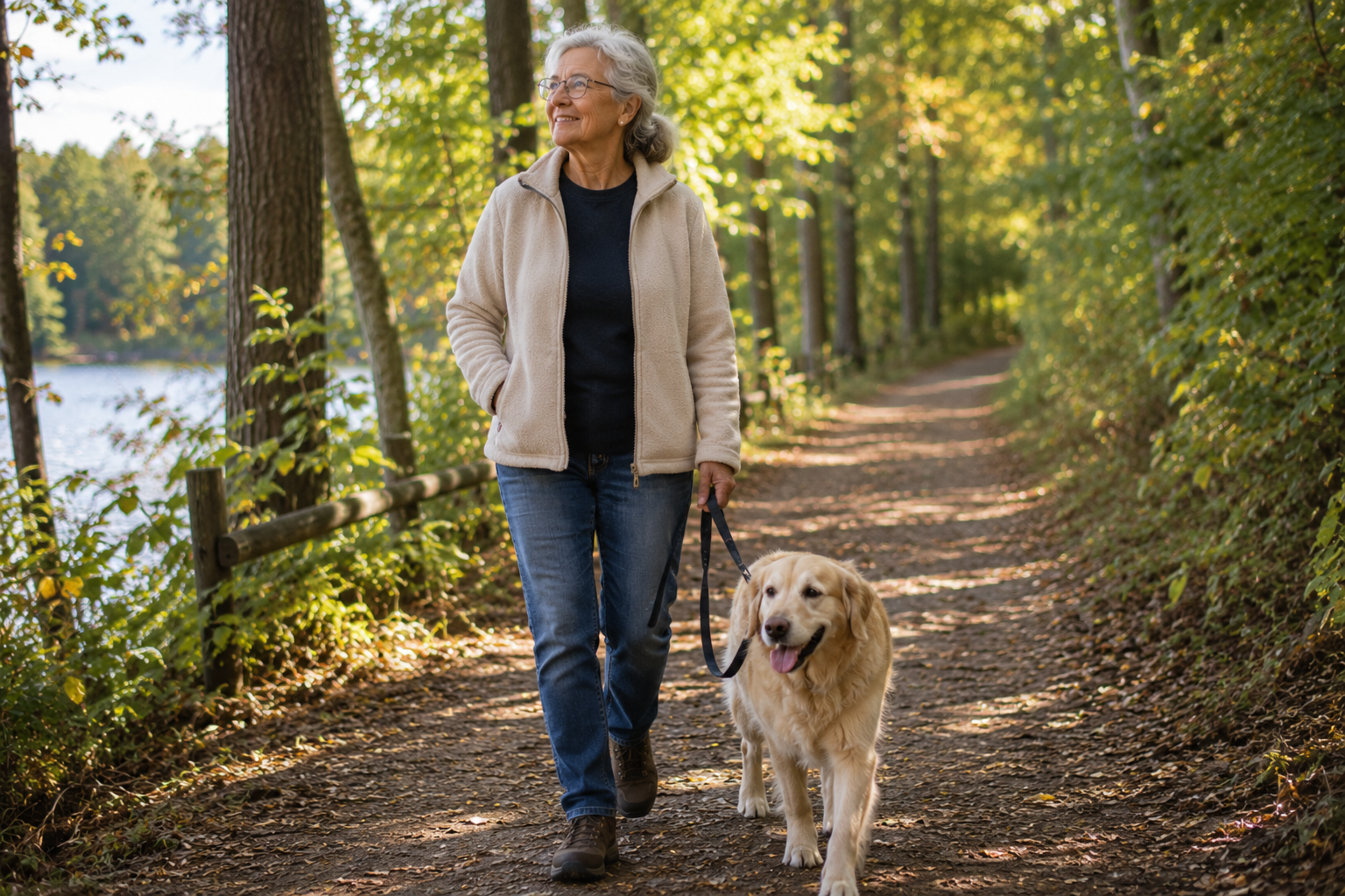 Older woman walking with her dog along a tree-lined trail, representing emotional resilience, purpose, stability, and psychological growth in later adulthood.