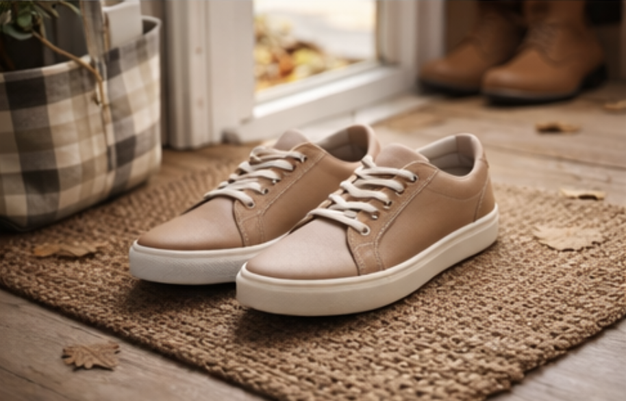 Neutral leather shoes placed by a doorway on an entry mat, symbolizing gentle steps and readiness for September routines.