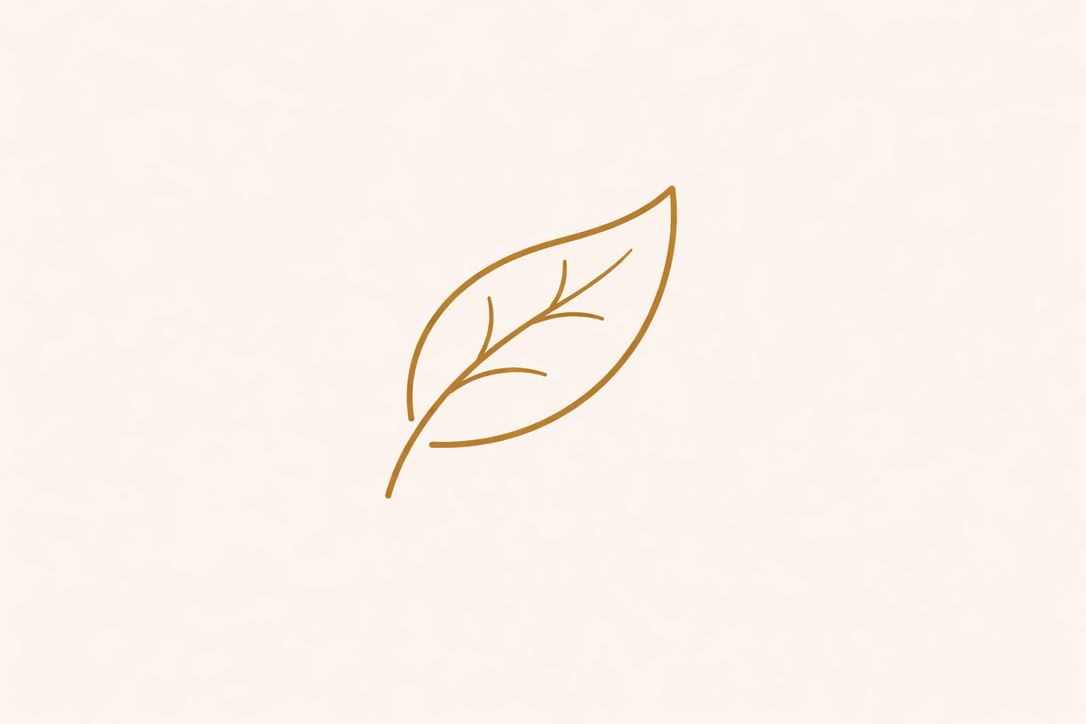 Minimalist line drawing of a leaf in brown on a beige background.