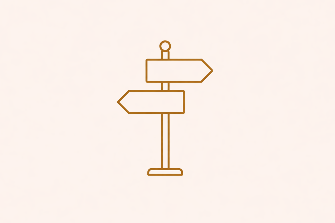 A simple line drawing of two directional signs on a single pole, one pointing left and the other pointing right.