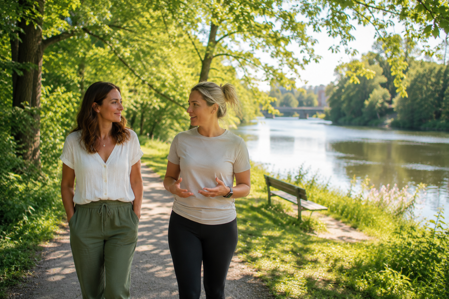 Therapist and client walking together along a sunny riverside trail, representing walk-and-talk therapy, connection, and healing in nature.
