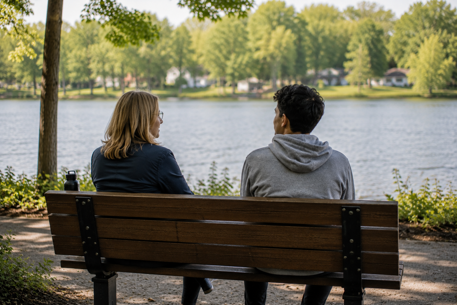 Female therapist and male client sitting side by side on a bench overlooking the water during an outdoor Walk & Talk Therapy session.