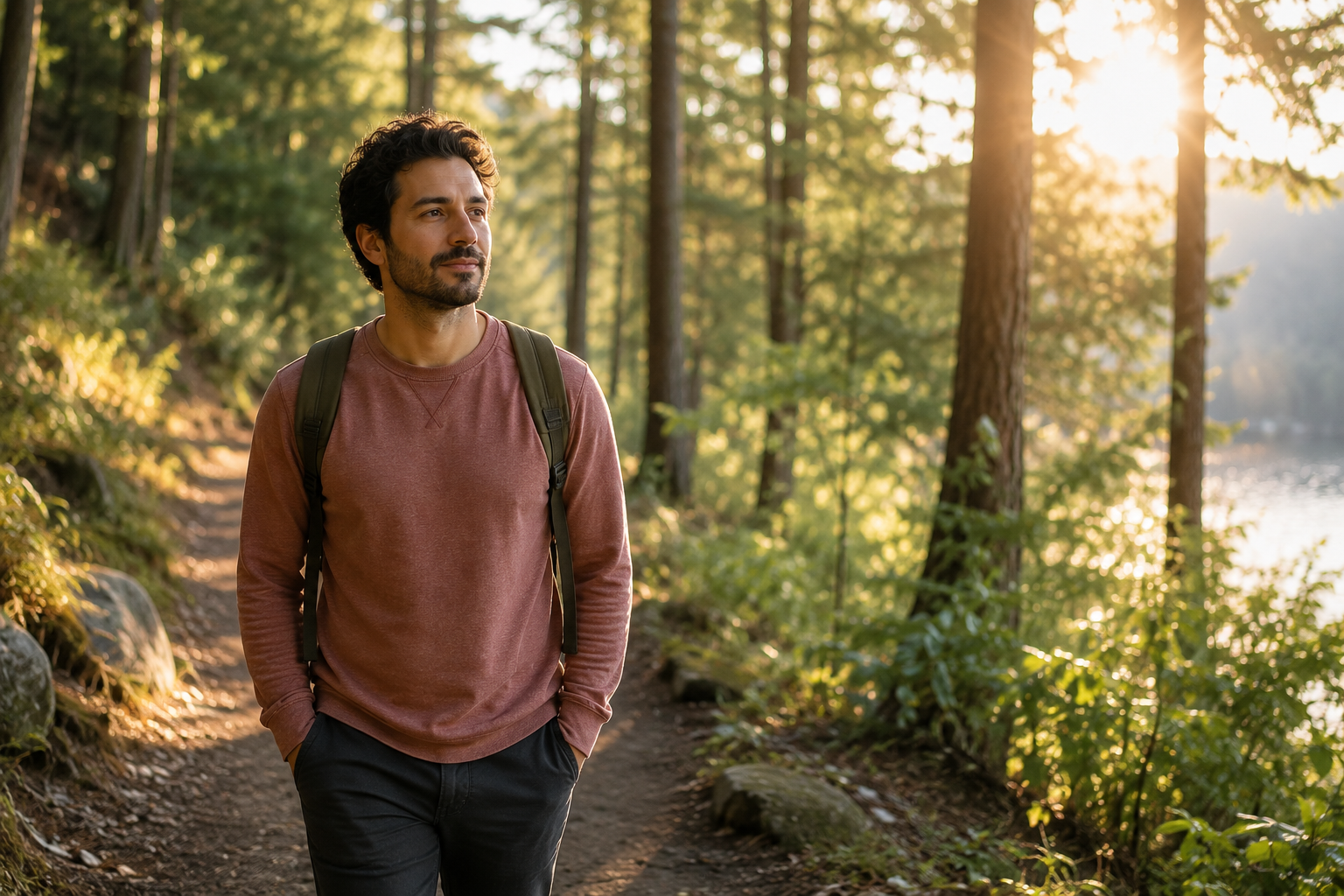 Young man walking along a sunlit forest trail, representing emotional wellbeing, resilience, burnout recovery, and mental health support for neurodivergent individuals with ADHD and Autism.