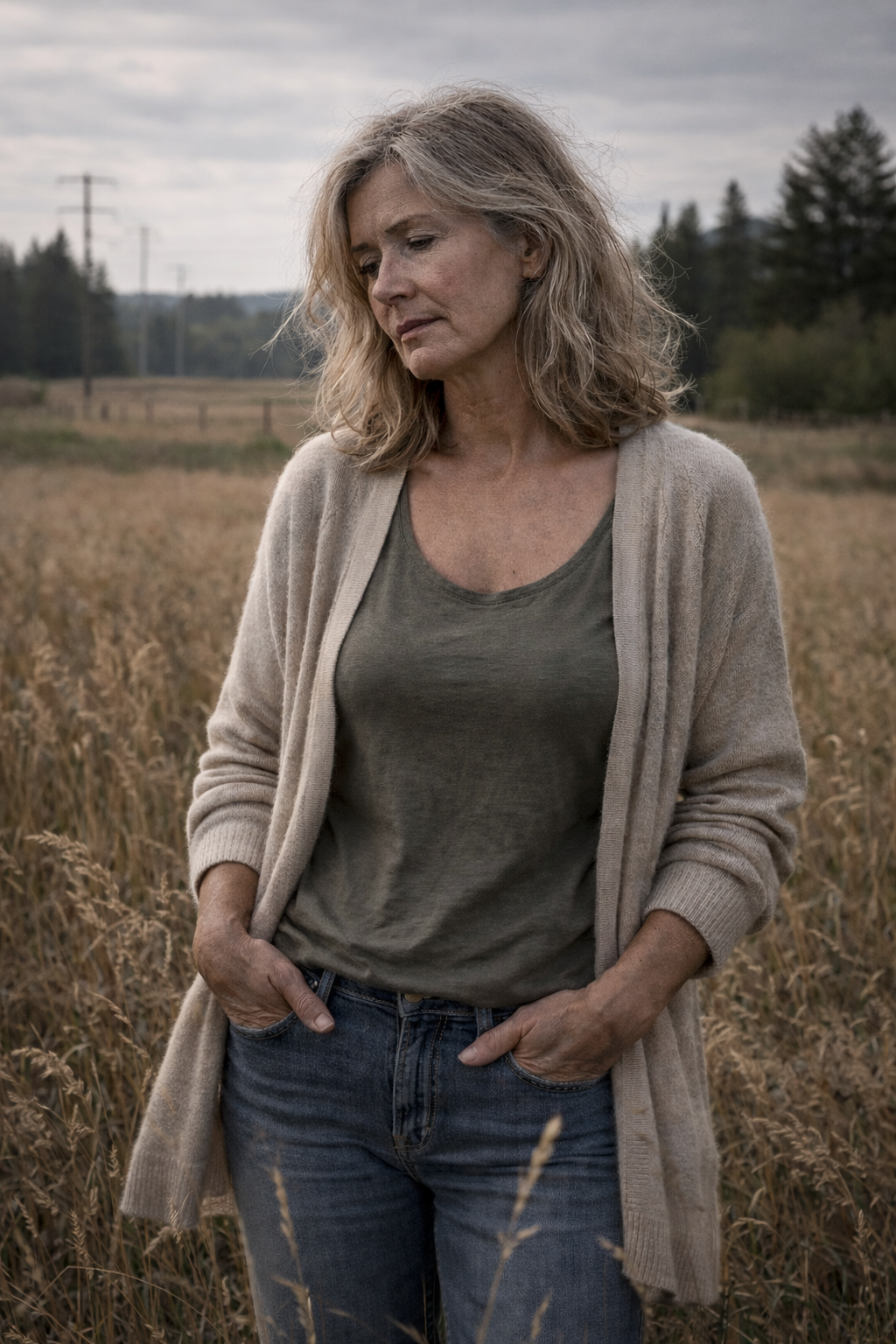A photo of a middle-aged woman standing in a quiet rural Ontario field under overcast skies, symbolizing reflection and support during grief and loss. Used for the Grief Therapy page at Watkins Counselling & Wellness.