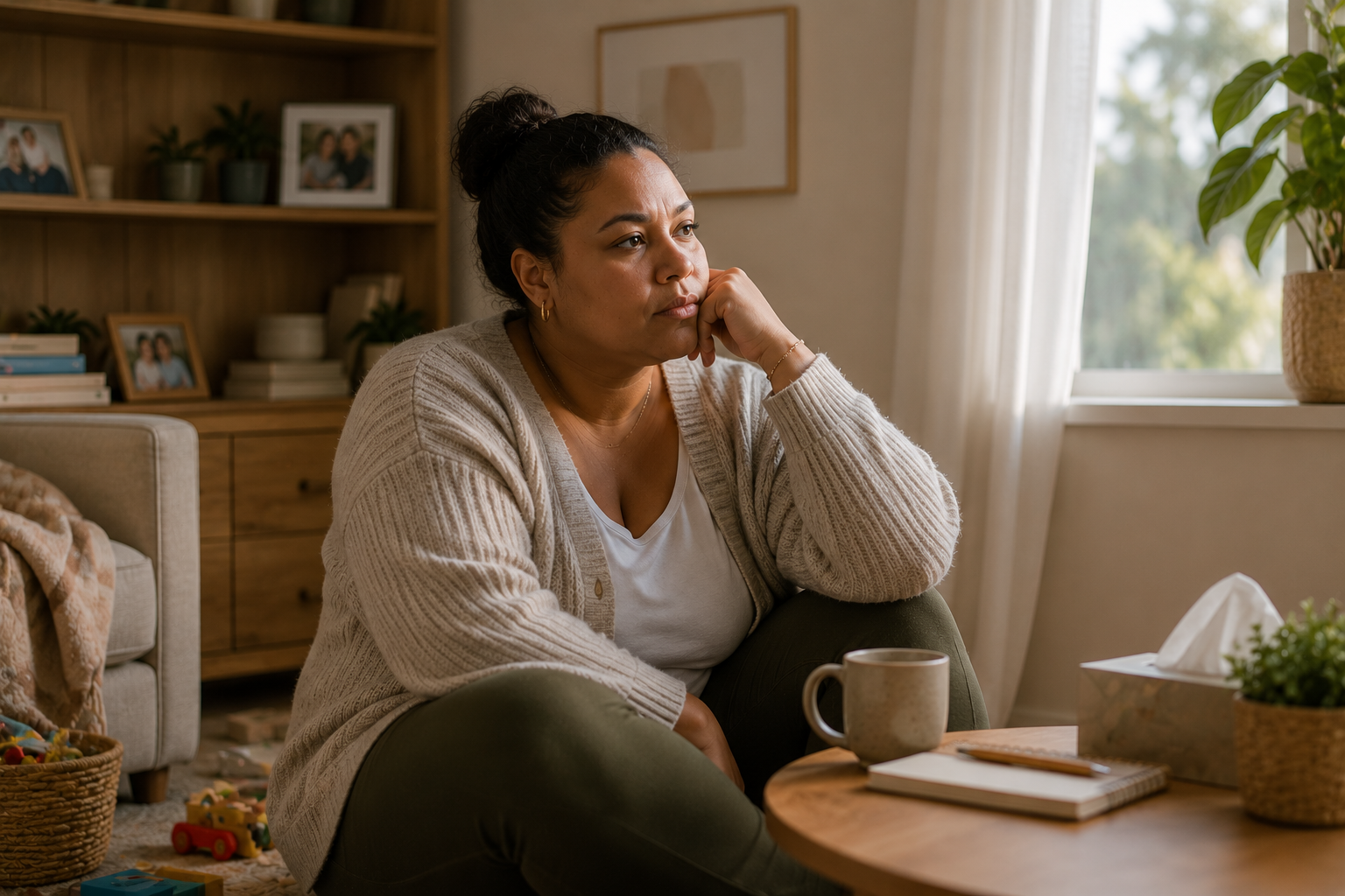 Woman of colour reflecting quietly in a comfortable home environment, illustrating attachment-related vulnerability, protective parts, emotional regulation, and maternal mental health during motherhood.