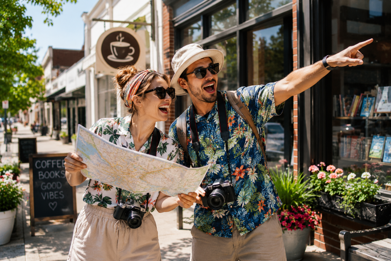 A couple pretending to be tourists in their own community explores local shops with a map and cameras, illustrating how curiosity and shared adventures can strengthen a relationship.