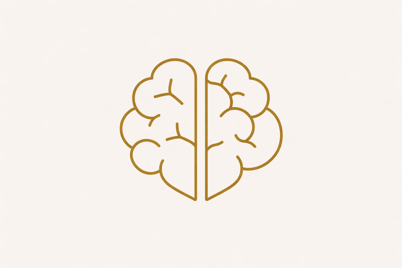 A minimalist line drawing of a human brain, divided in half, with outlines in brown on a light background.