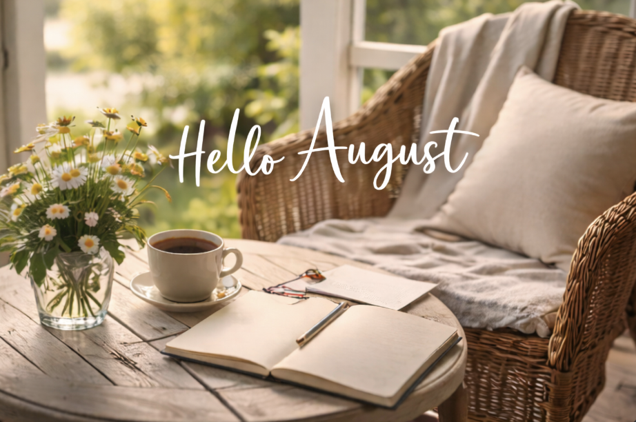 Hello August text over a sunlit porch scene with a wicker chair, wooden table, open notebook, coffee cup, and daisies, creating a calm and welcoming setting.