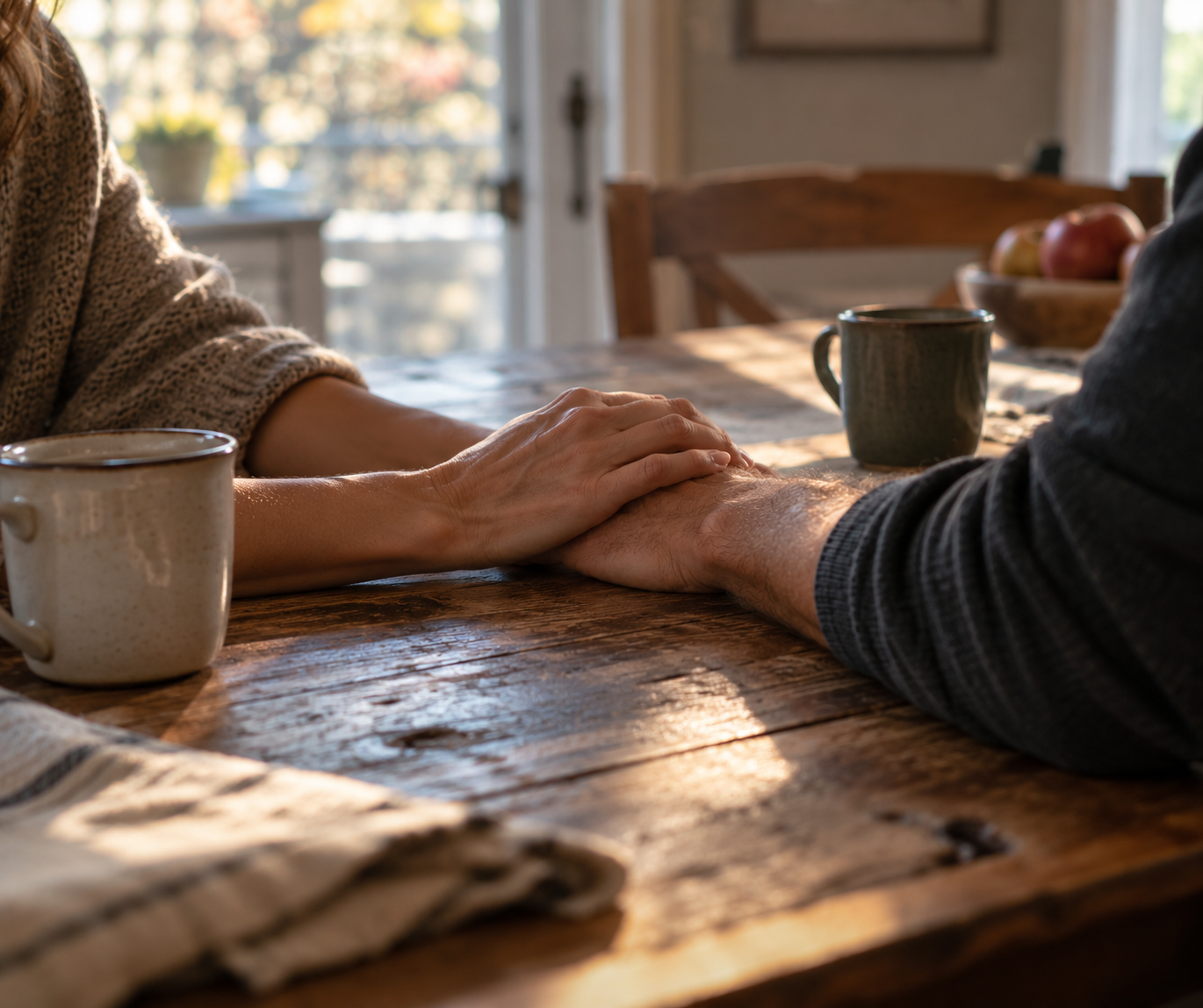 Couple holding hands at a kitchen table while working to rebuild connection after infidelity.