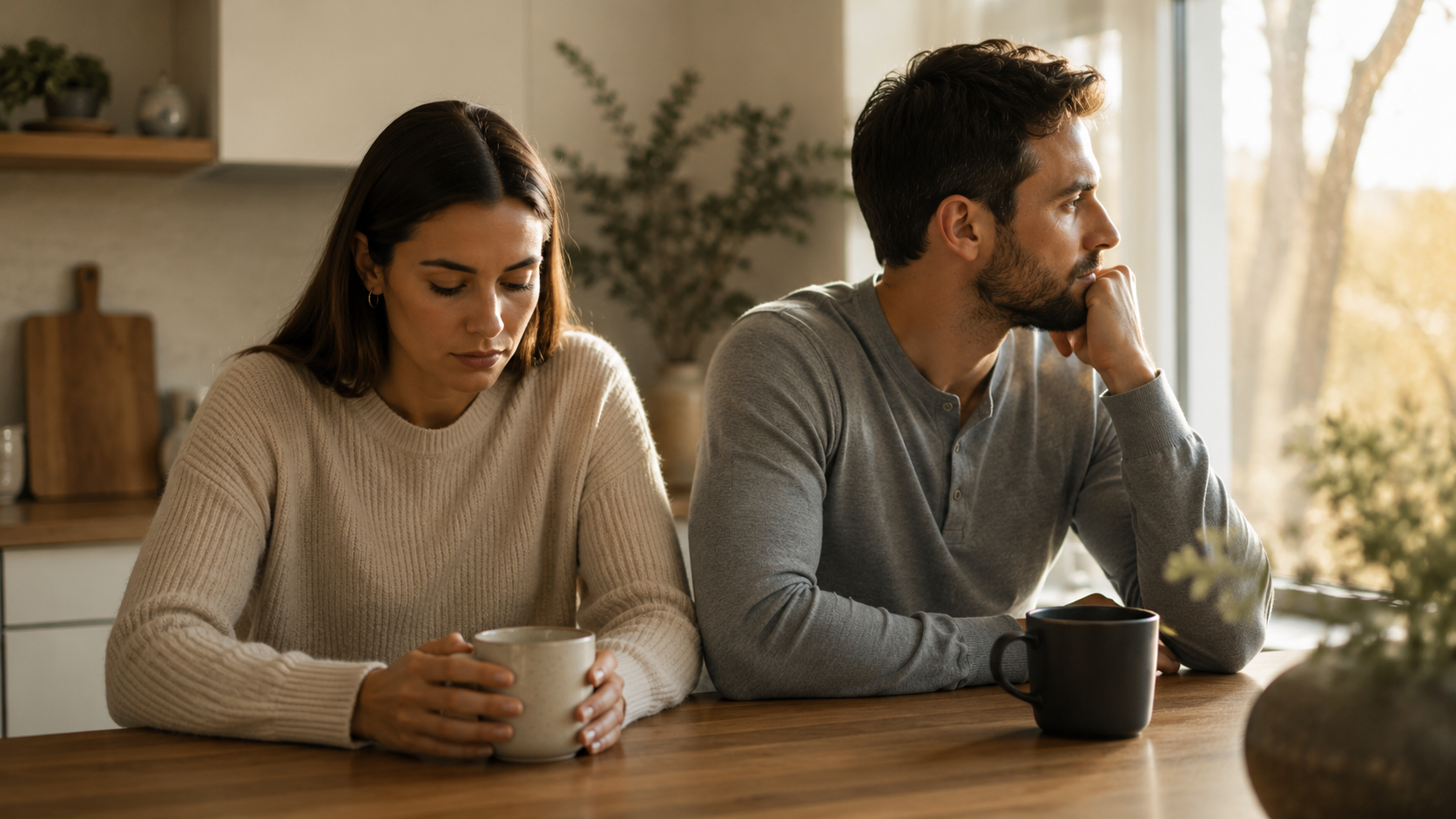 A thoughtful couple sitting quietly together at a kitchen table, reflecting on emotions and relationship concerns before a difficult conversation.
