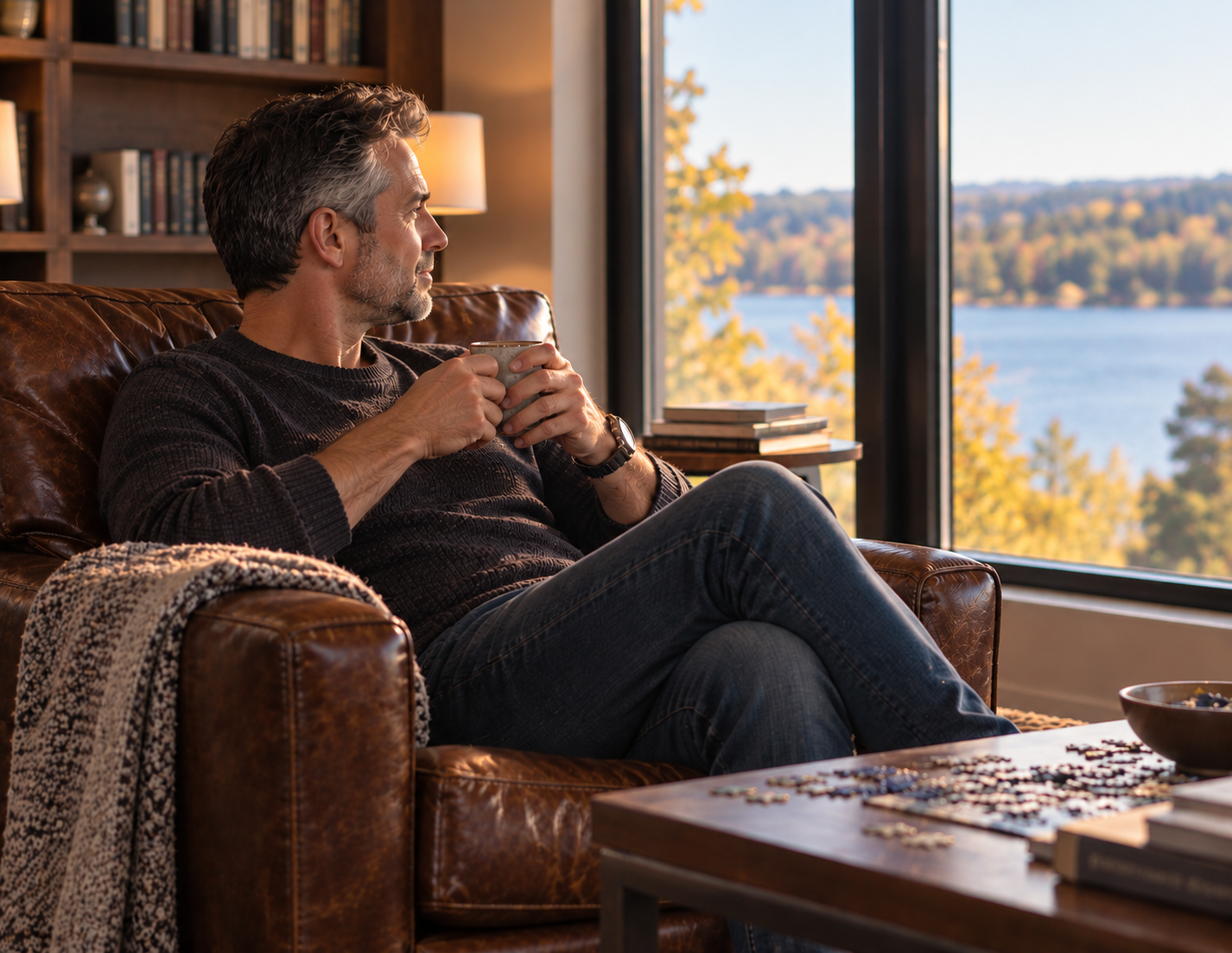 Man sitting quietly in a leather chair with a puzzle nearby, taking time to reflect.
