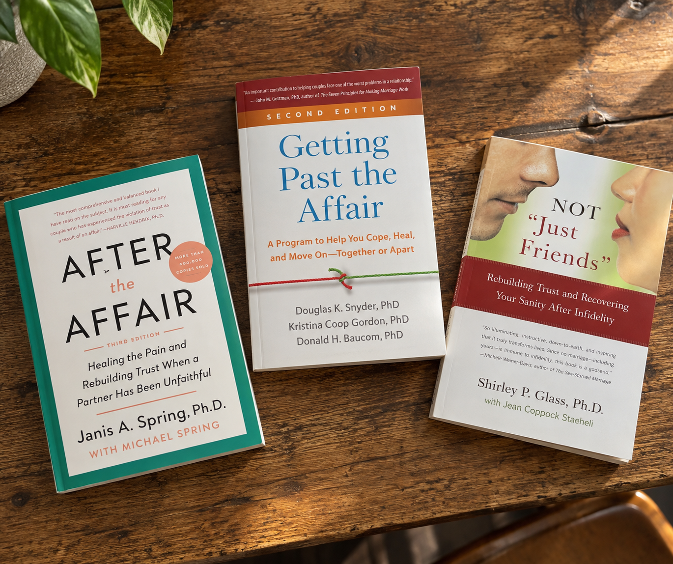 Three recommended books for affair recovery on a wooden table: After the Affair, Getting Past the Affair, and Not “Just Friends.”