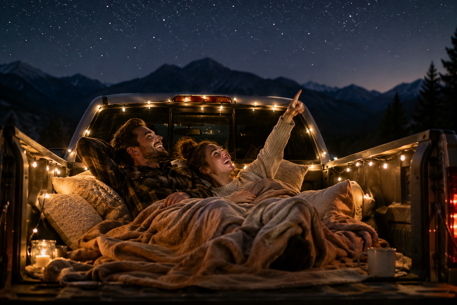 A couple cuddles in the back of a pickup truck under the stars, surrounded by blankets and fairy lights, representing relationship bucket-list experiences and shared dreams.