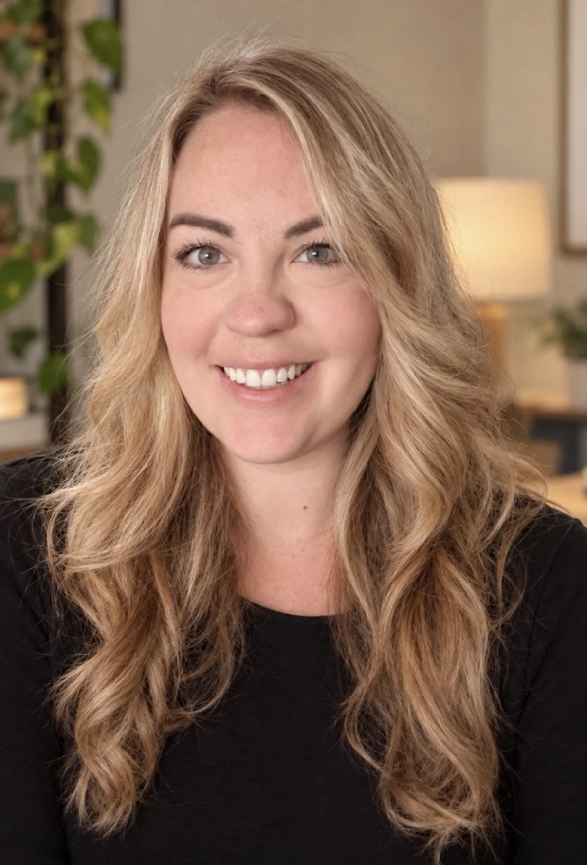 A woman with long, curly blonde hair and blue eyes smiling, wearing a black top, in an indoor setting with warm lighting and a blurred background of houseplants and furniture.