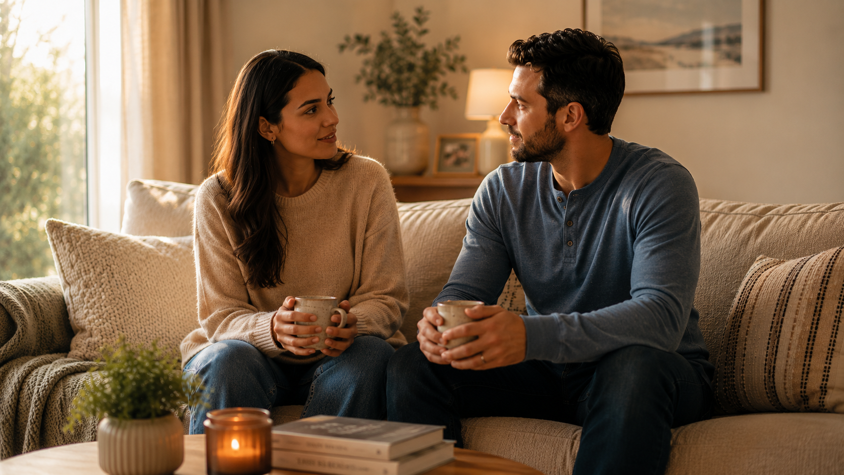 A couple sitting together on a sofa sharing an honest conversation, making eye contact and listening with warmth and understanding in a comfortable home setting.