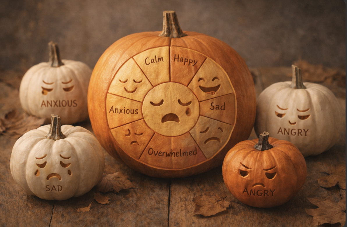Pumpkins displaying different emotions, symbolizing emotional awareness and understanding in an October therapy blog by Watkins Counselling & Wellness in Ontario.