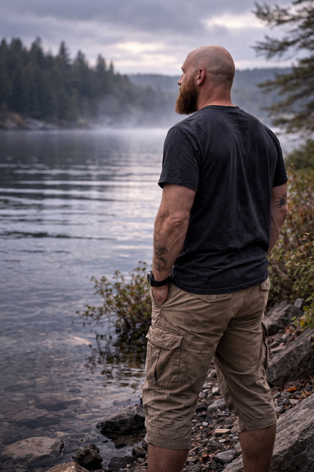 Adult man standing quietly by Charleston Lake in overcast weather, representing virtual anxiety therapy in Ontario.