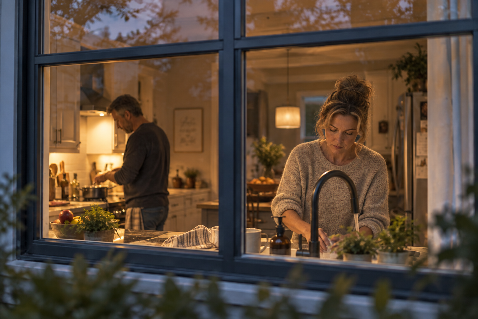 Couple quietly preparing dinner and washing dishes together at home.