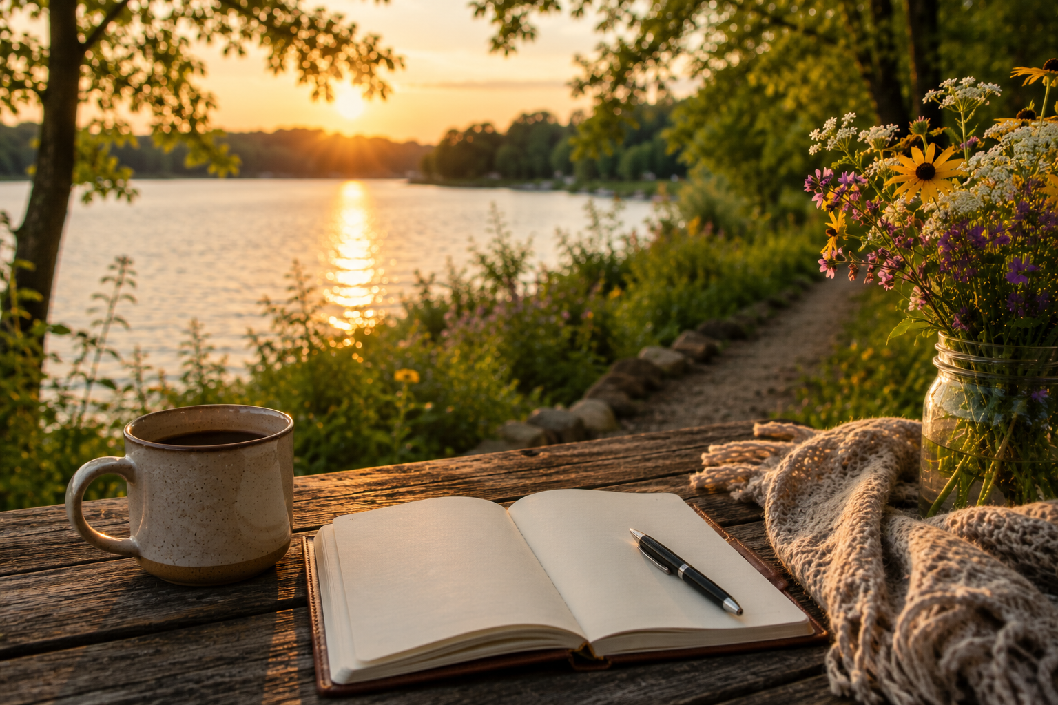 Lakeside journal and coffee during a summer evening, symbolizing self-reflection, emotional wellness, and therapy.