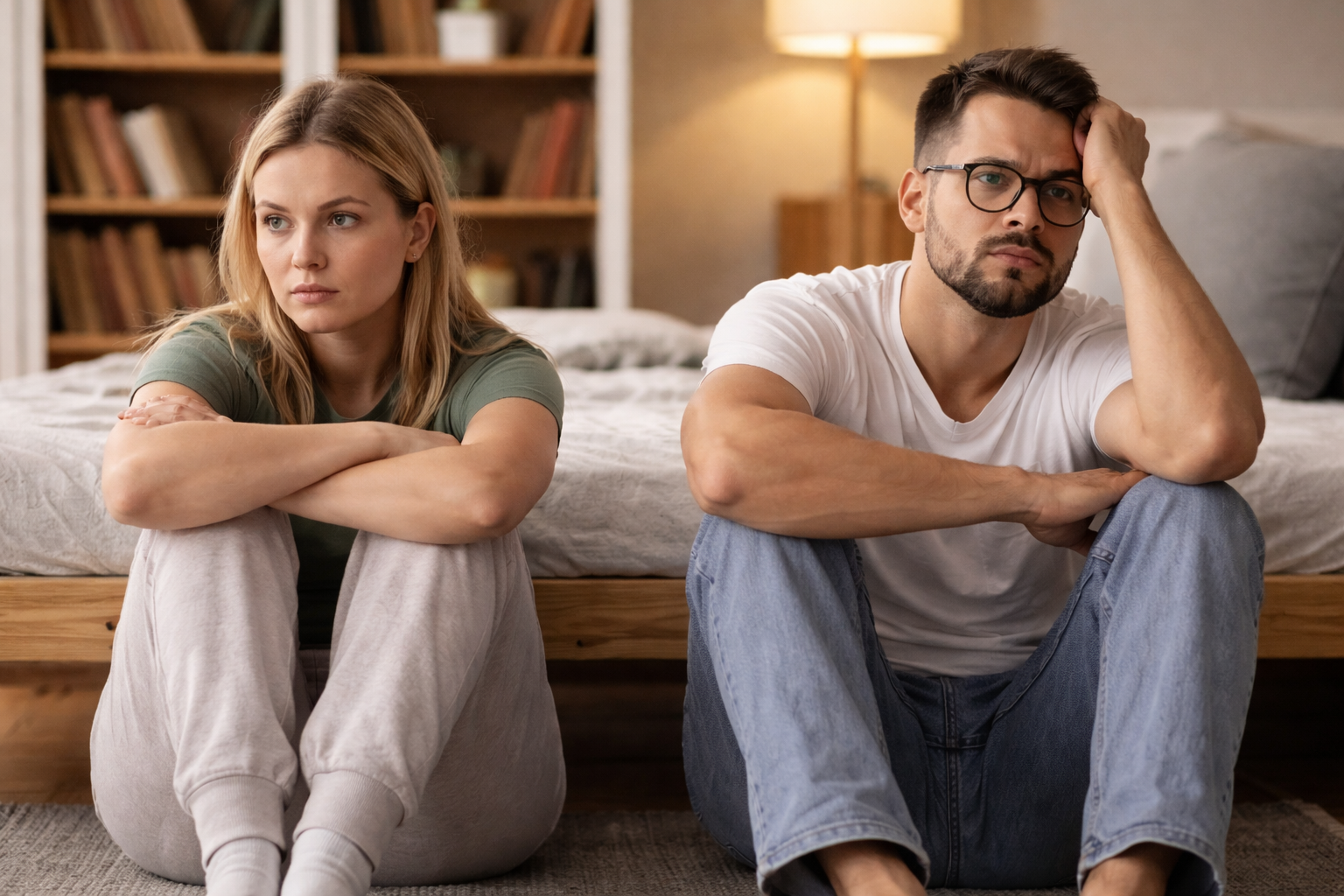 Couple sitting apart in emotional distance representing virtual couples counselling in Ontario offered by Watkins Counselling & Wellness, based in Smiths Falls