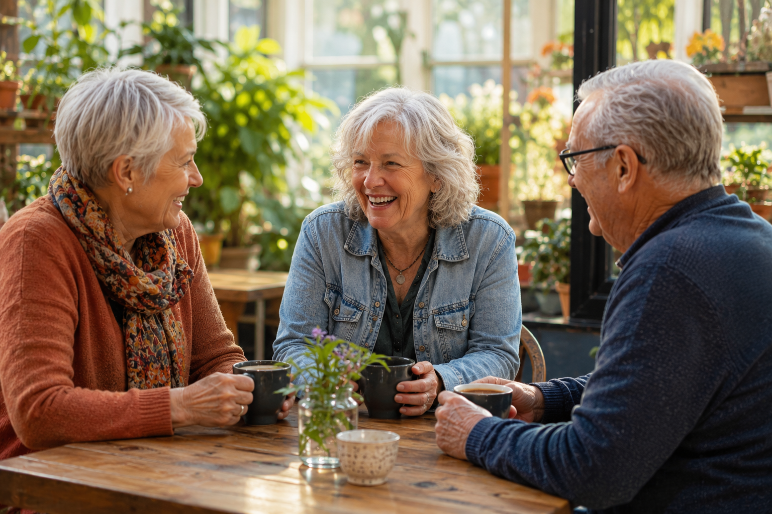 Older adults enjoying meaningful conversation over coffee in a welcoming community setting, representing social connection, emotional health, and healthy aging.