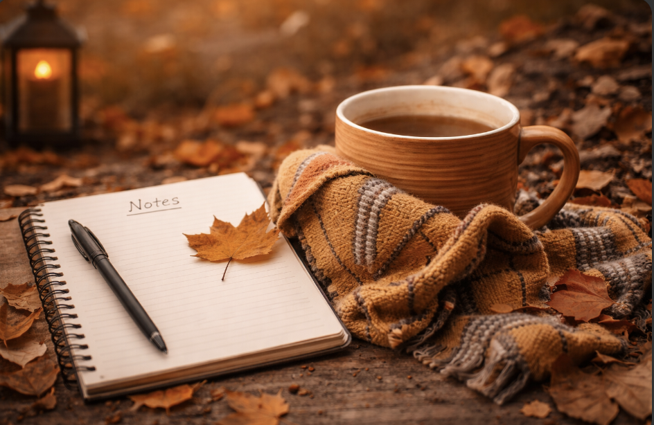 Warm mug of coffee beside a journal in an autumn outdoor setting with fallen leaves.