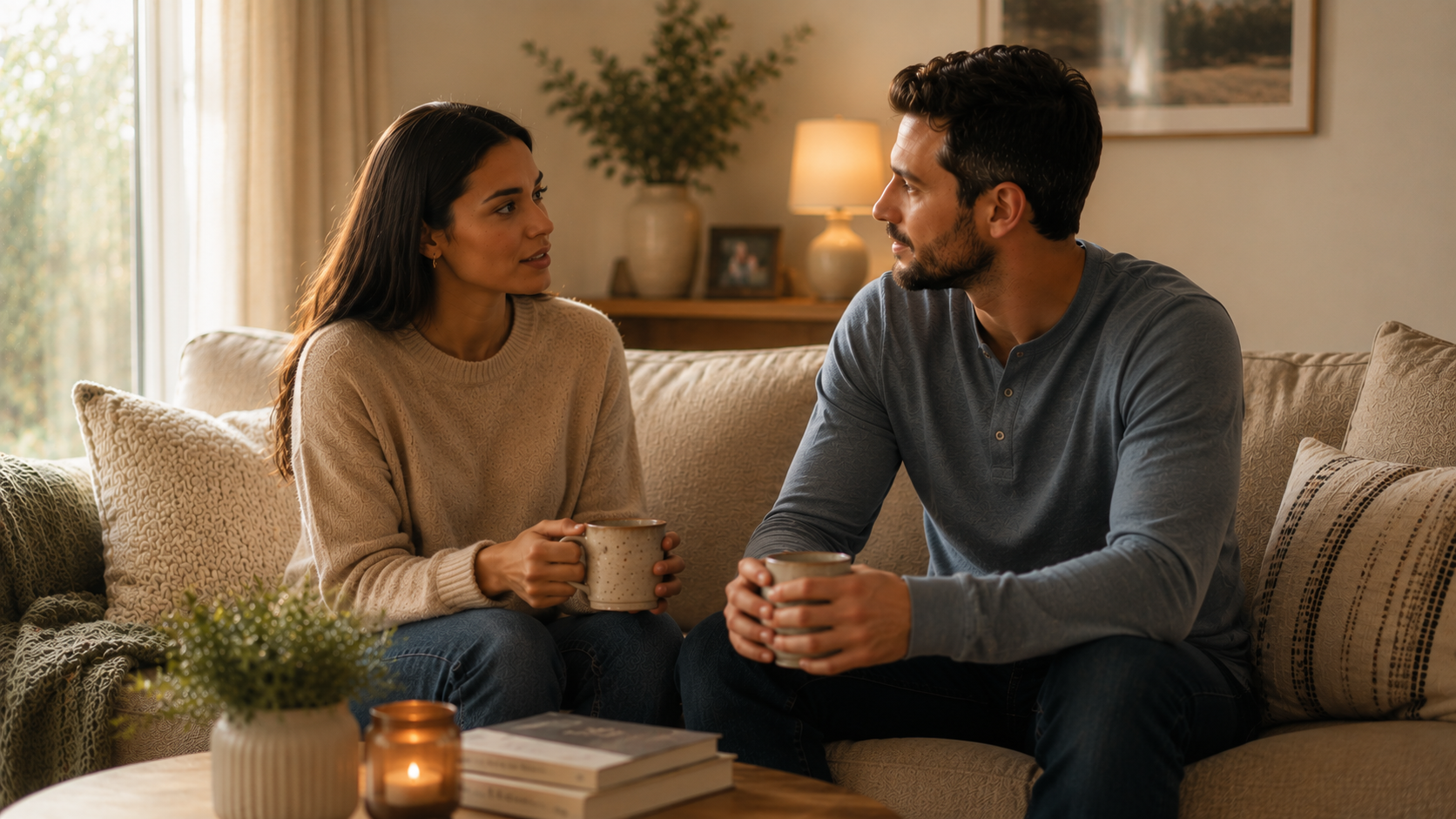 A couple sitting together on a sofa having an open and supportive conversation, demonstrating healthy communication and emotional connection in a relationship.