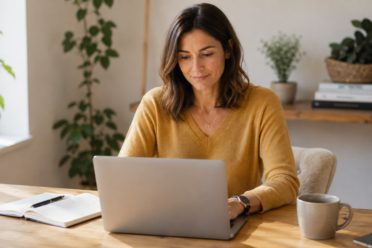 Woman working at her laptop with a notebook nearby in a bright, comfortable home setting.
