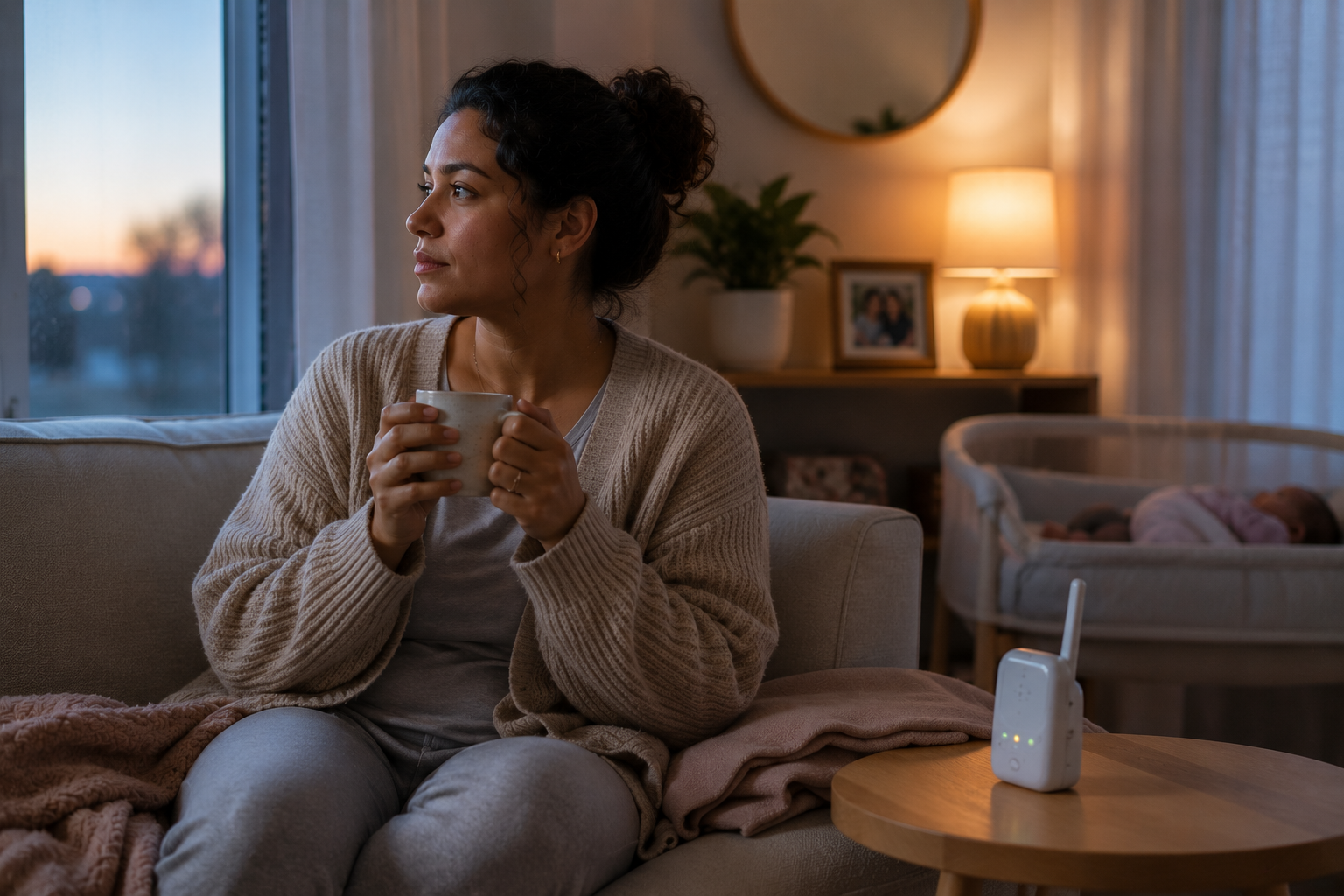Mother sitting quietly in early morning light beside a baby monitor, representing postpartum anxiety, heightened vigilance, nervous system sensitivity, and maternal resilience.