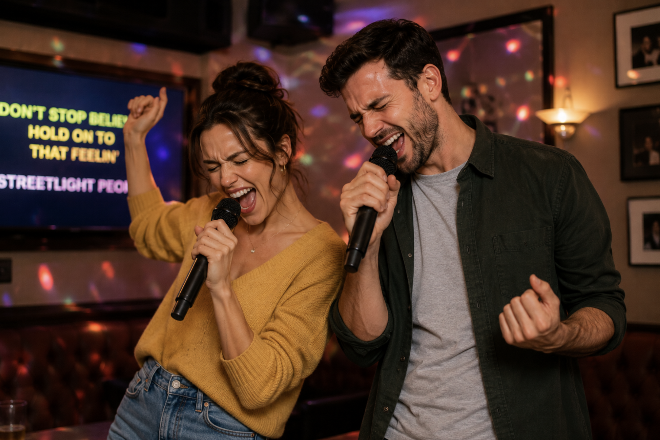 A couple performs a karaoke duet while laughing together, illustrating how trying new activities and embracing imperfection can strengthen connection in a relationship.