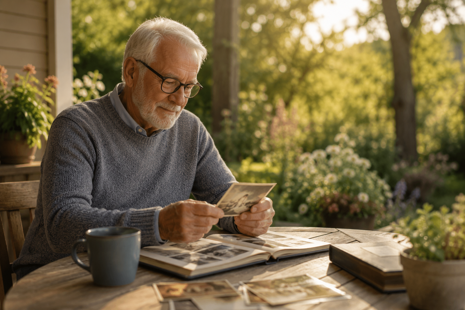 Older man sitting outdoors with family photographs, reflecting on life transitions, grief, retirement, memory, and emotional resilience in later adulthood.