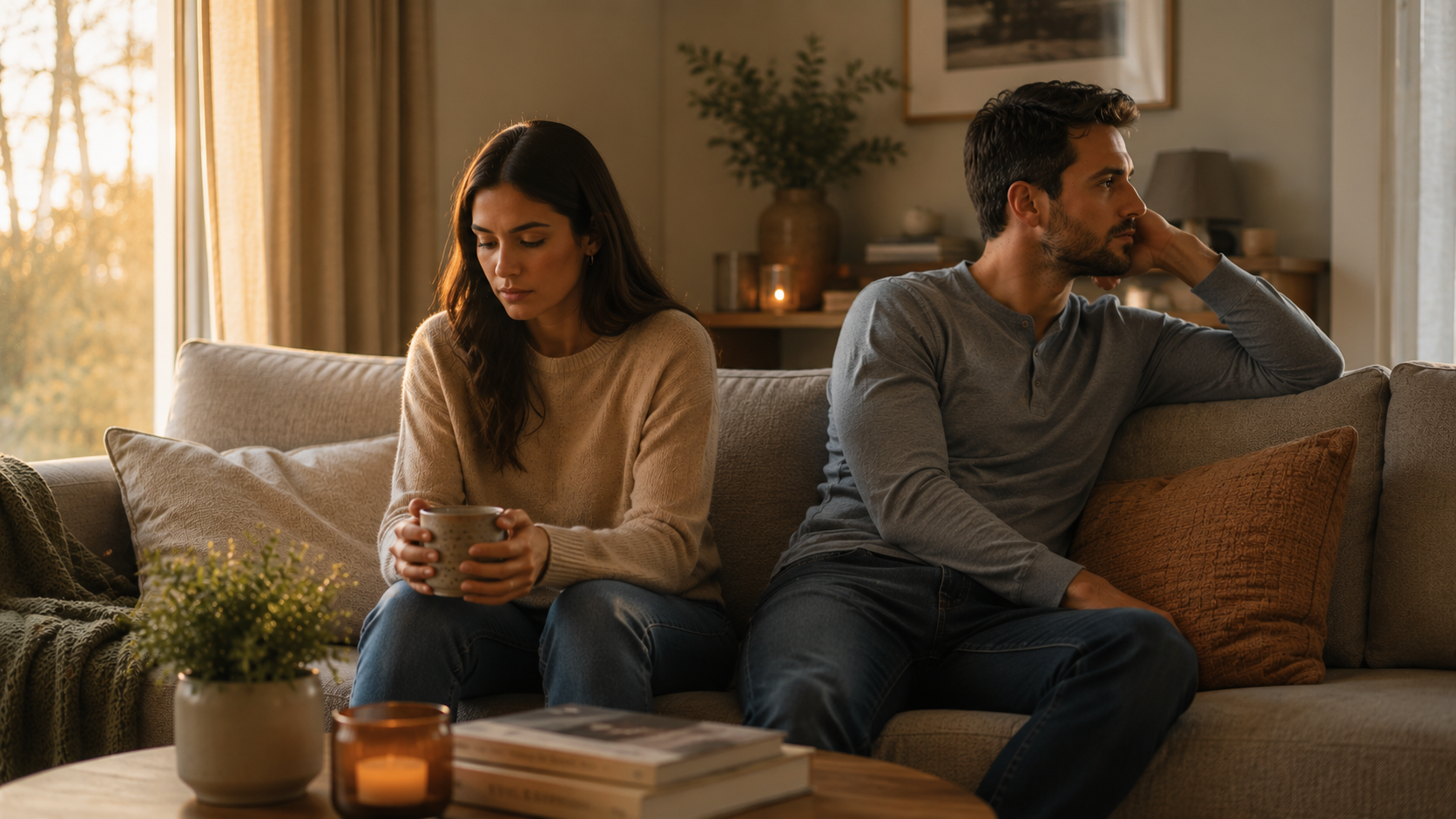 A couple sitting quietly together on a sofa, feeling emotionally disconnected despite sharing the same space, illustrating the impact of unspoken feelings in relationships.