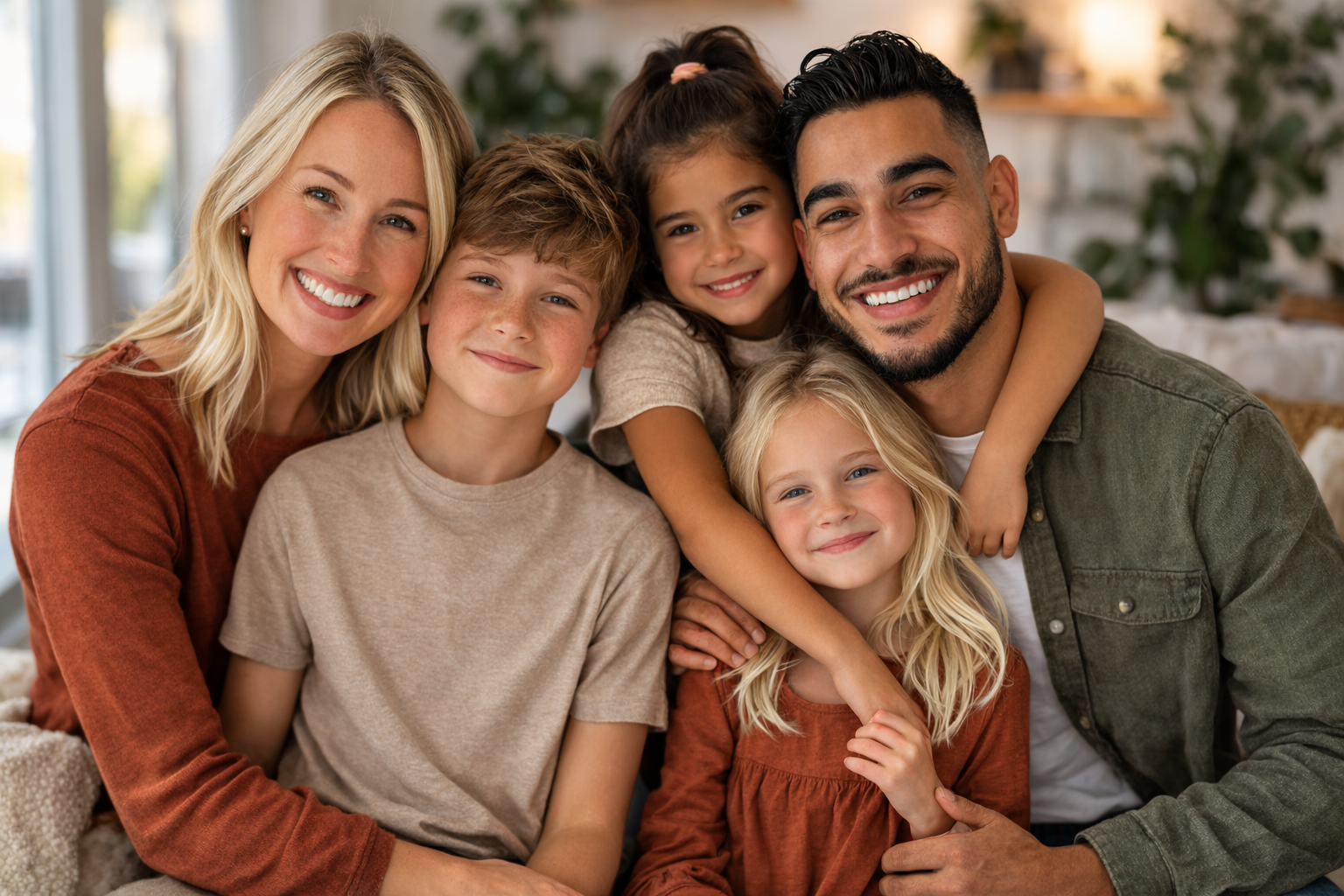 Blended family smiling together representing blended family counselling support in Smiths Falls and virtual family therapy across Ontario.