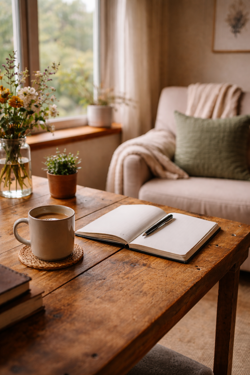 Warm and inviting psychotherapy office space in Smiths Falls Ontario featuring a wooden desk, journal, coffee mug and cozy chair by a window with trees outside.