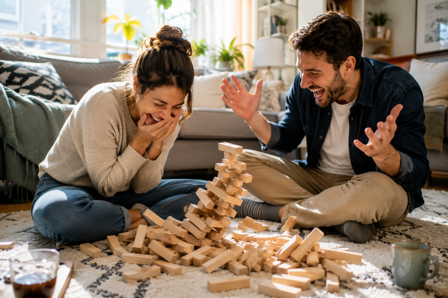 A couple laughs together after knocking over a Jenga tower, illustrating how playfulness, friendship, and shared moments of joy can strengthen a relationship.