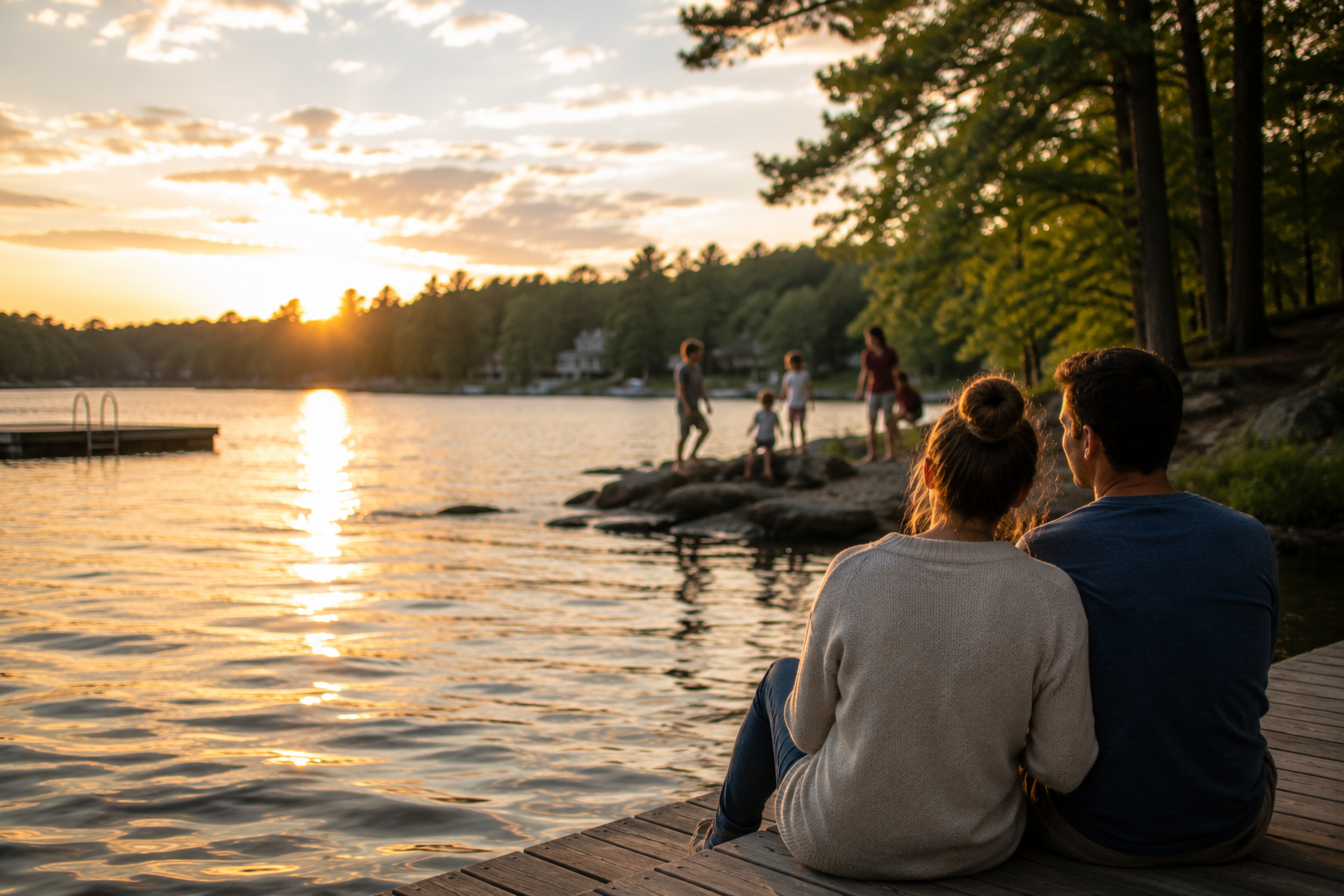 Couple sitting together by a lake at sunset while family members gather nearby, representing connection, relationships, and emotional reflection during the summer.