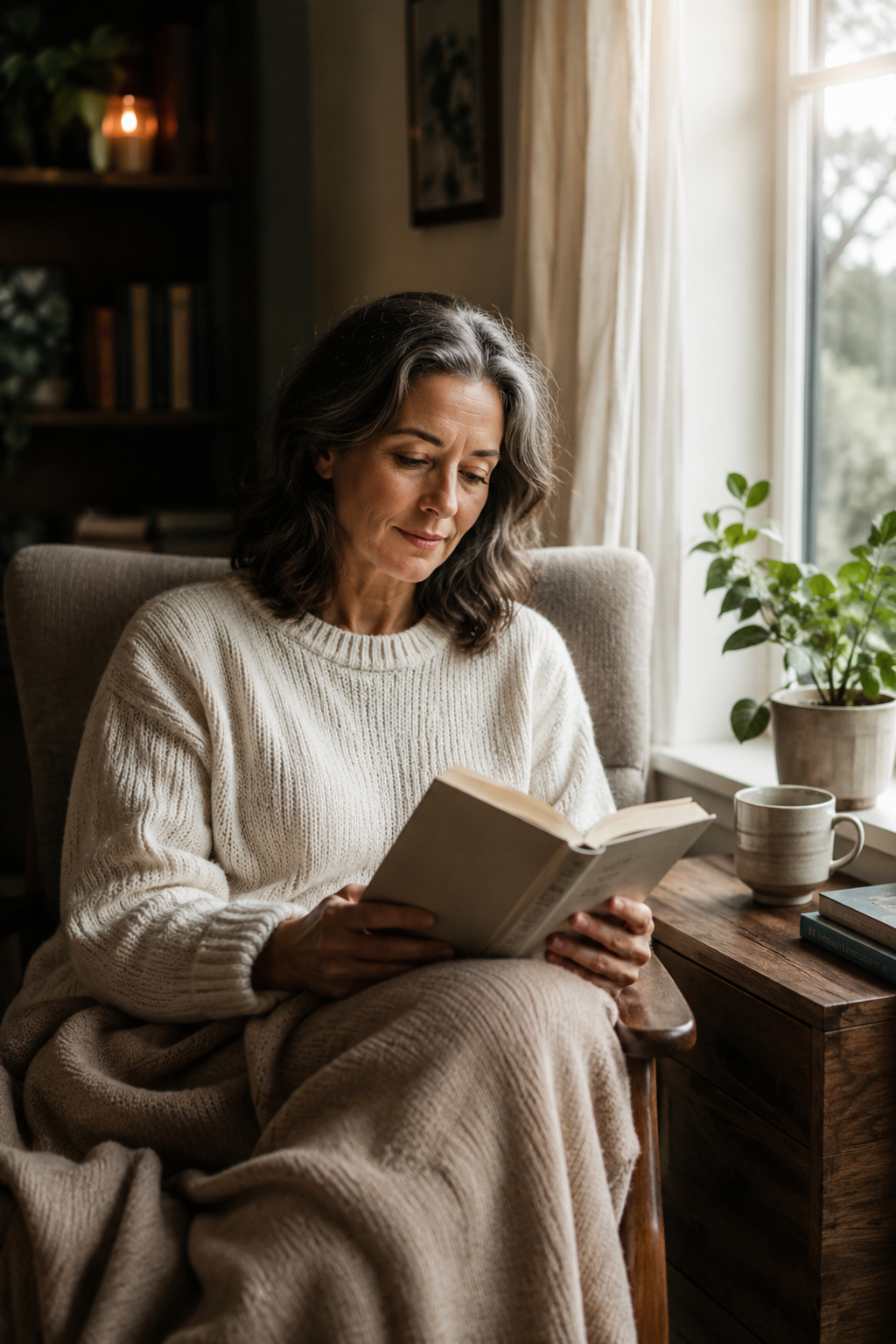 Older adult reading thoughtfully in a calm home setting representing reflection and emotional insight in psychodynamic therapy