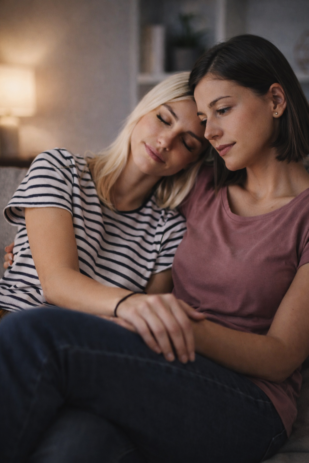 Two women sitting closely together, one appearing distant, representing infidelity and affair recovery counselling at Watkins Counselling & Wellness in Smiths Falls.