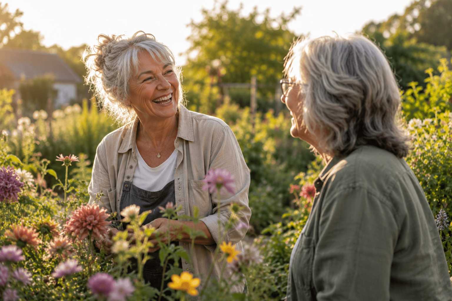Two older women sharing a warm conversation in a sunlit flower garden, representing authenticity, self-acceptance, reduced masking, meaningful connection, and emotional wellbeing later in life.