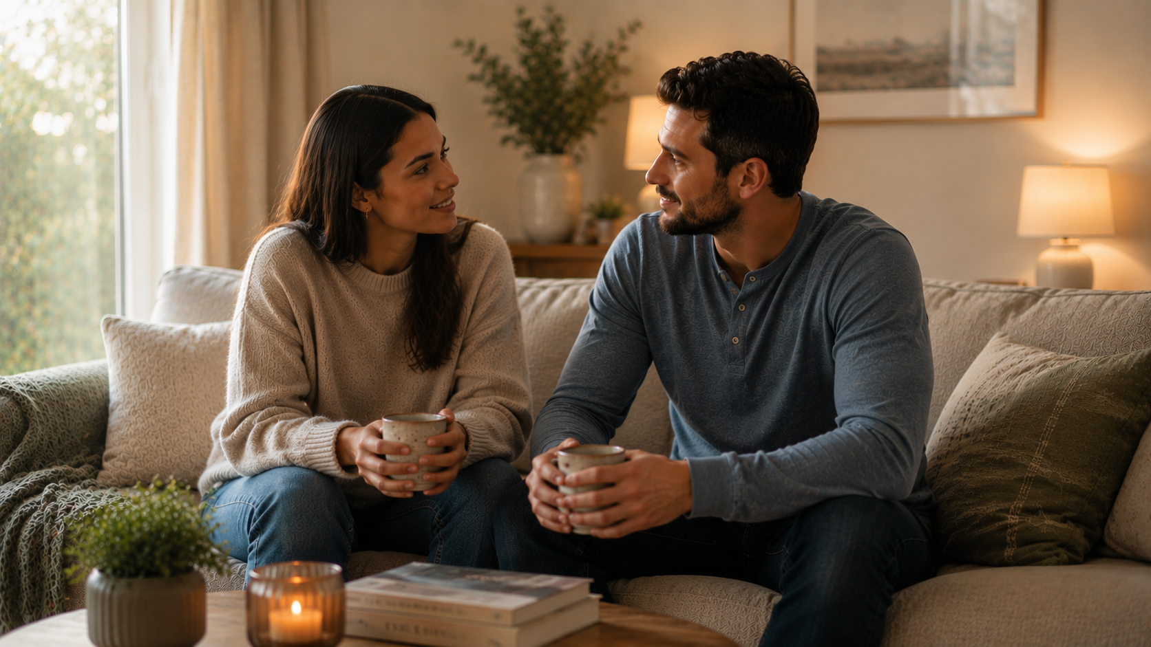 A couple sitting together on a sofa sharing a warm conversation and making eye contact, demonstrating openness, emotional connection, and healthy communication in a relationship.