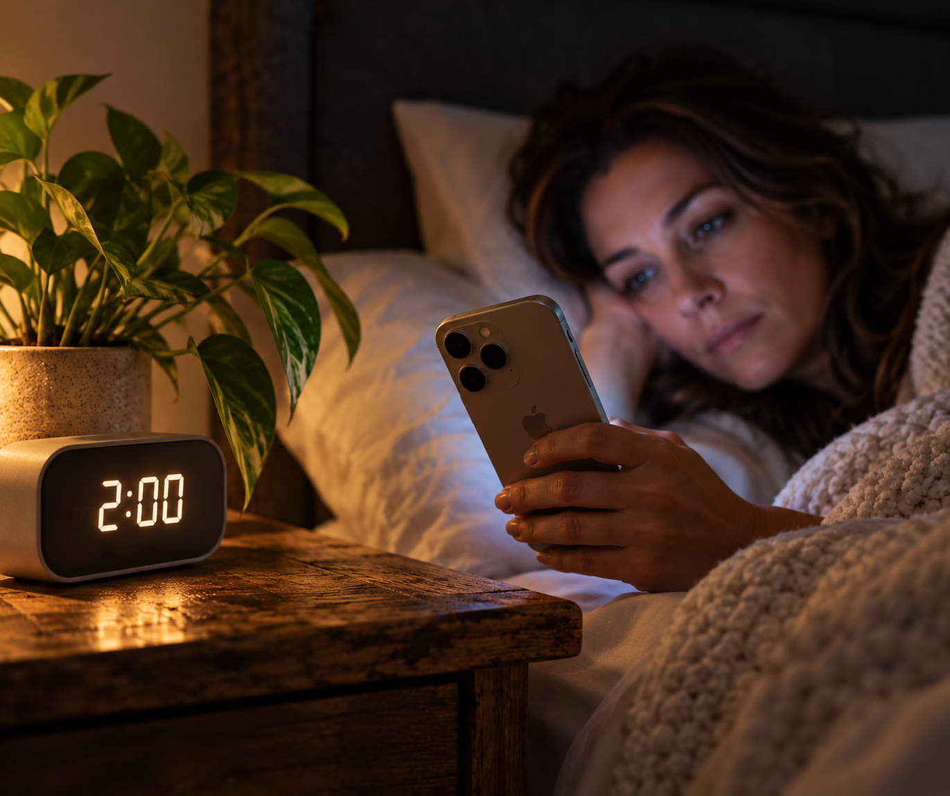 Woman scrolling on her phone late at night while navigating affair recovery.