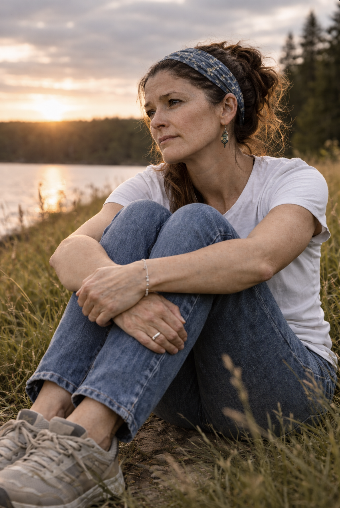Woman sitting by a lakeside at sunset reflecting during virtual trauma and EMDR therapy in Ontario