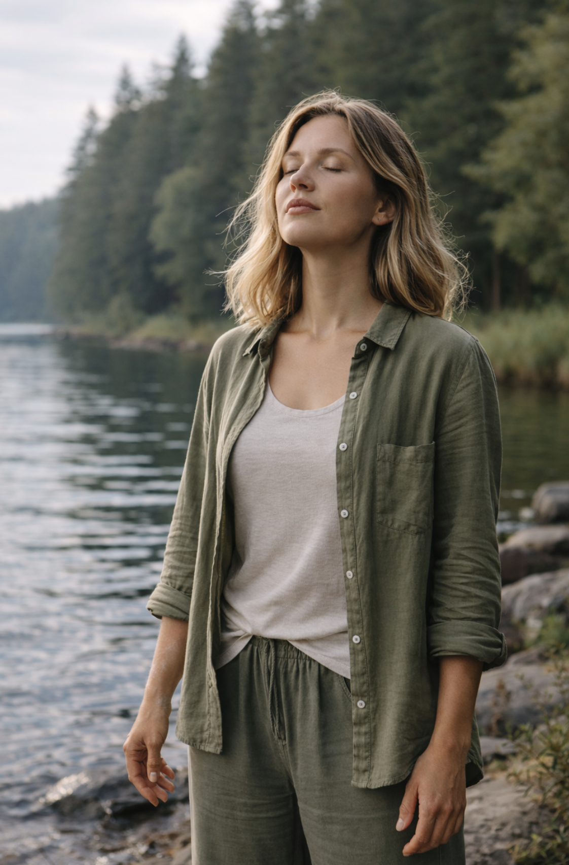 Woman standing calmly by a lake practicing emotional regulation, representing Dialectical Behaviour Therapy (DBT) in Ontario at Watkins Counselling & Wellness.