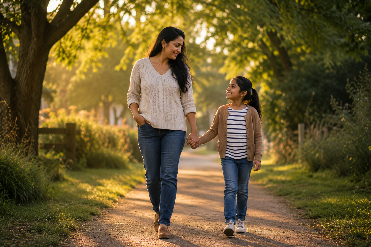 Mother and school-aged child walking together along a sunlit path, representing attachment, emotional resilience, relational safety, and identity integration in maternal mental health.