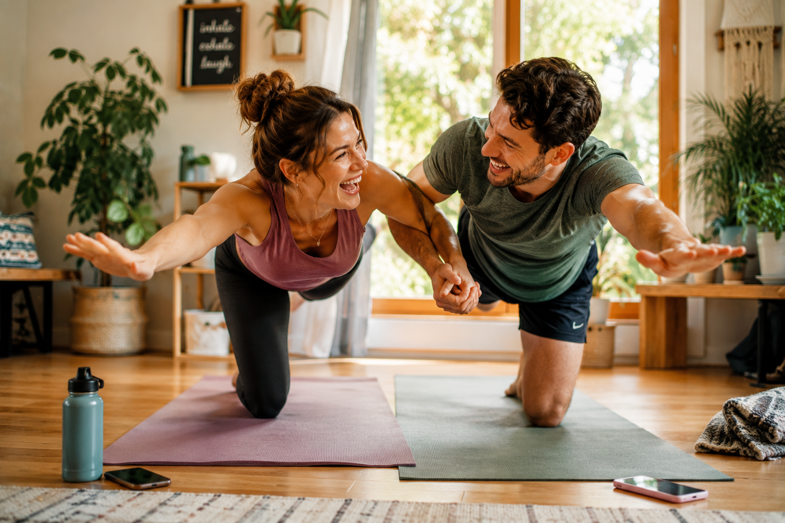 A couple practices partner yoga while laughing together, with their phones placed off to the side, demonstrating how putting away distractions can strengthen connection and communication in a relationship.