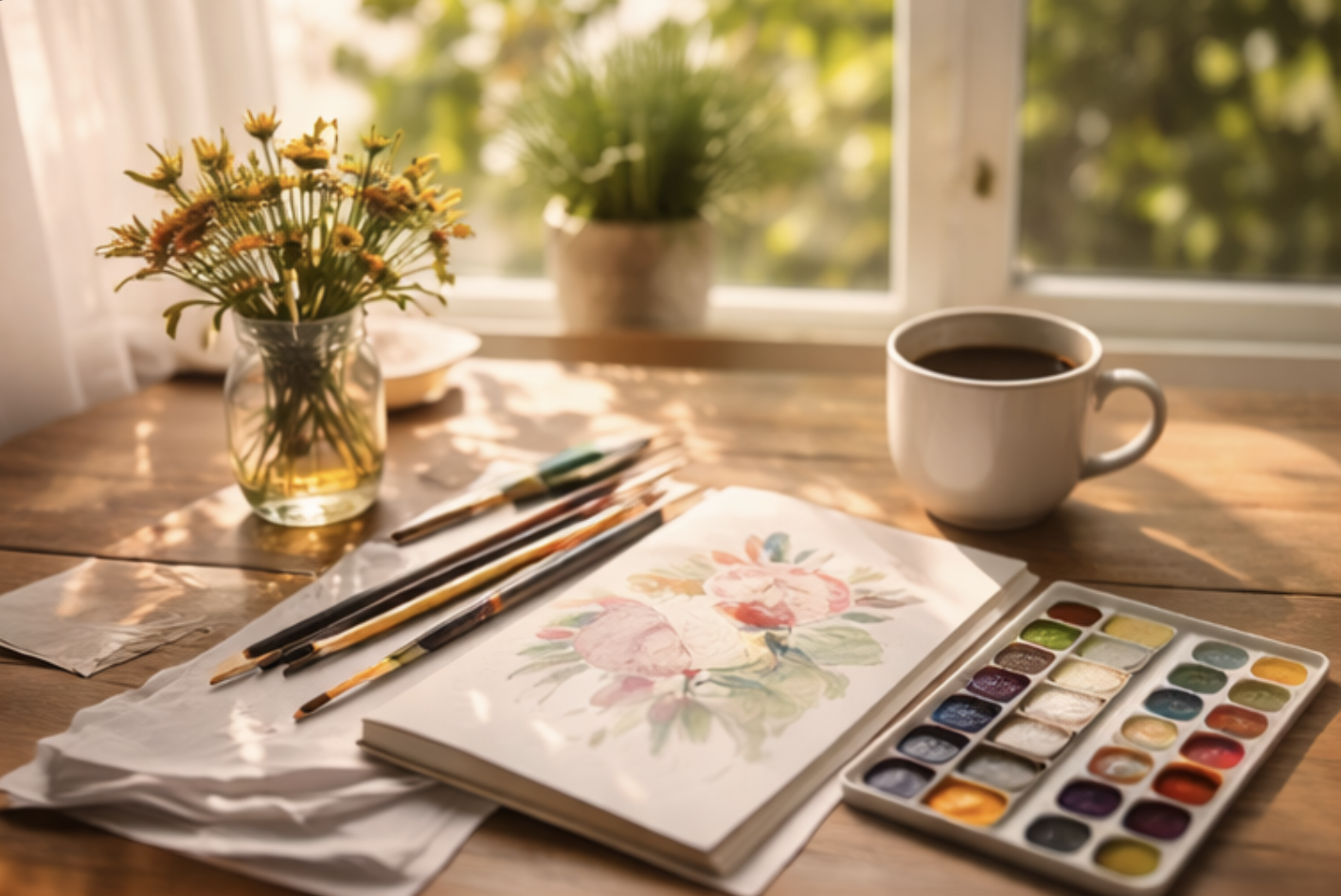 Art supplies on a wooden table including a sketchbook, paint palette, and brushes in natural light, representing creativity and self-expression in August.