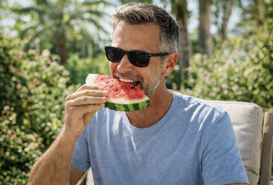 Man eating watermelon in July