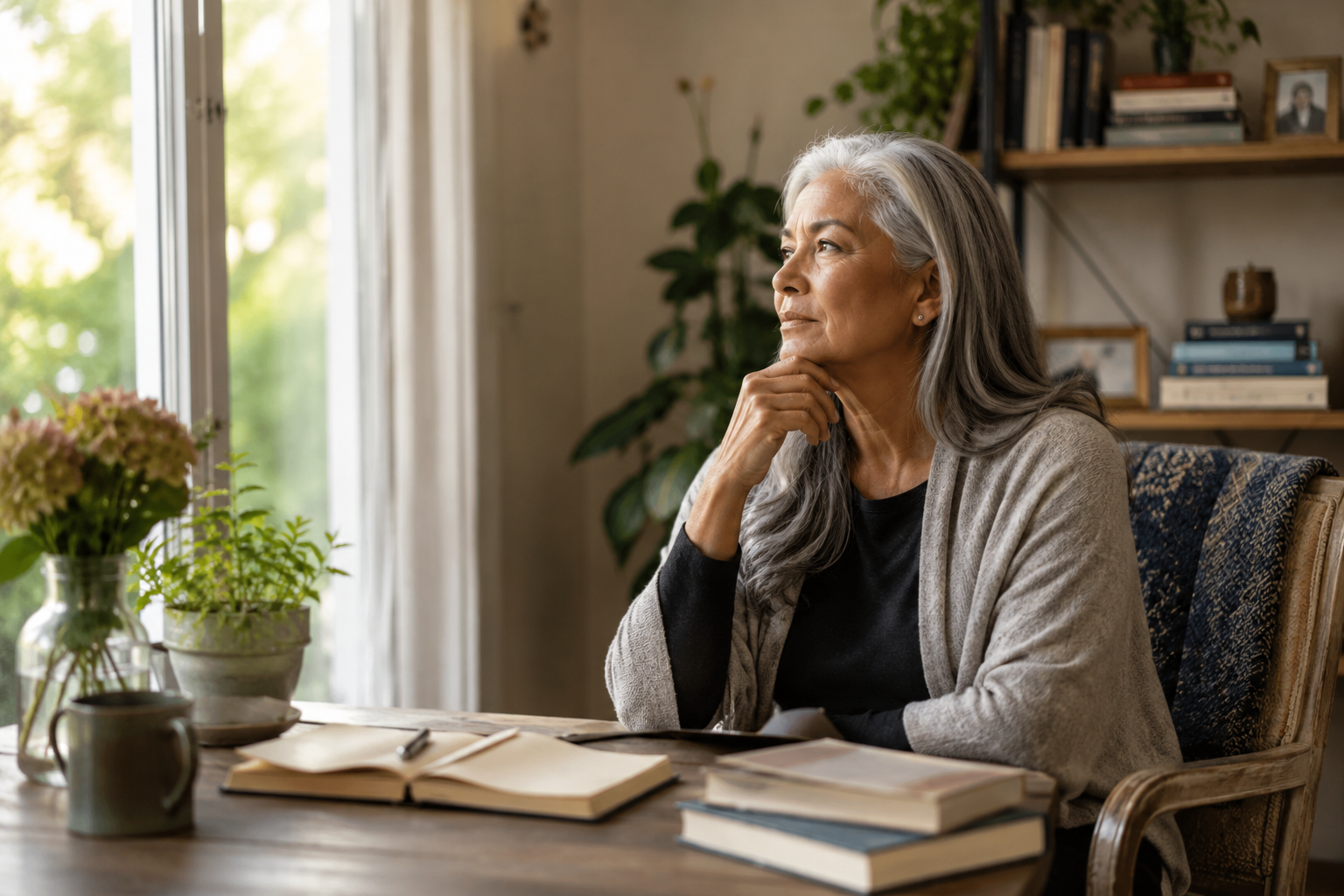 Older adult reflecting in a peaceful home environment, representing aging, life transitions, retirement, emotional wellbeing, and mental health support for older adults in Ontario.